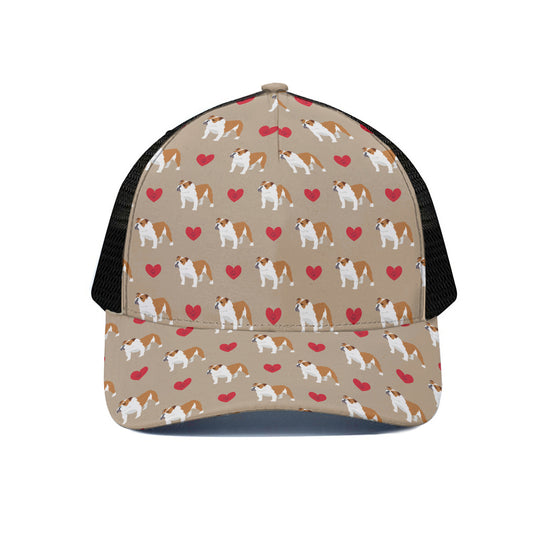 Love English Bulldog Pattern Print Black Mesh Trucker Cap