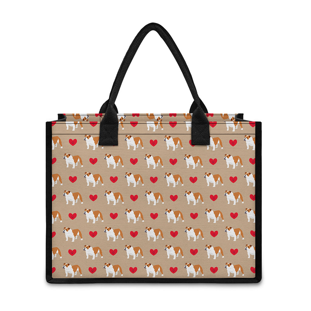 Love English Bulldog Pattern Print Canvas Tote Bag