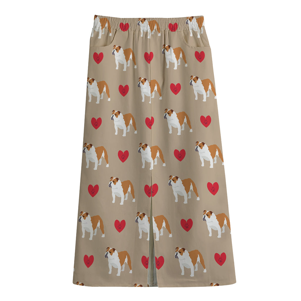 Love English Bulldog Pattern Print Cotton Front Slit Maxi Skirt