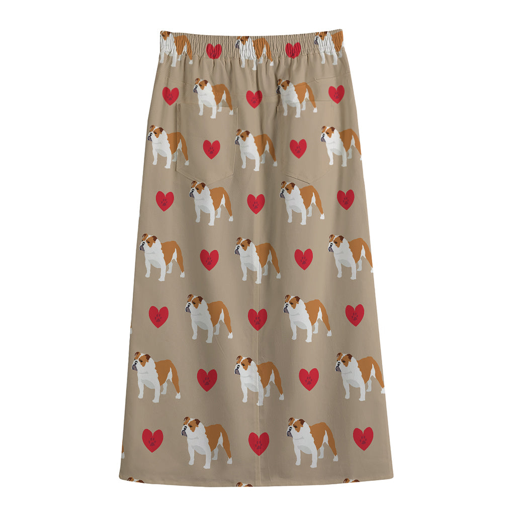 Love English Bulldog Pattern Print Cotton Front Slit Maxi Skirt