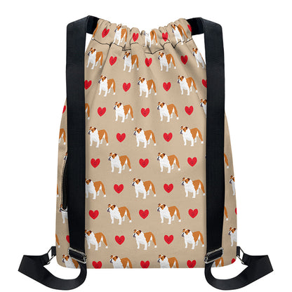 Love English Bulldog Pattern Print Drawstring Backpack