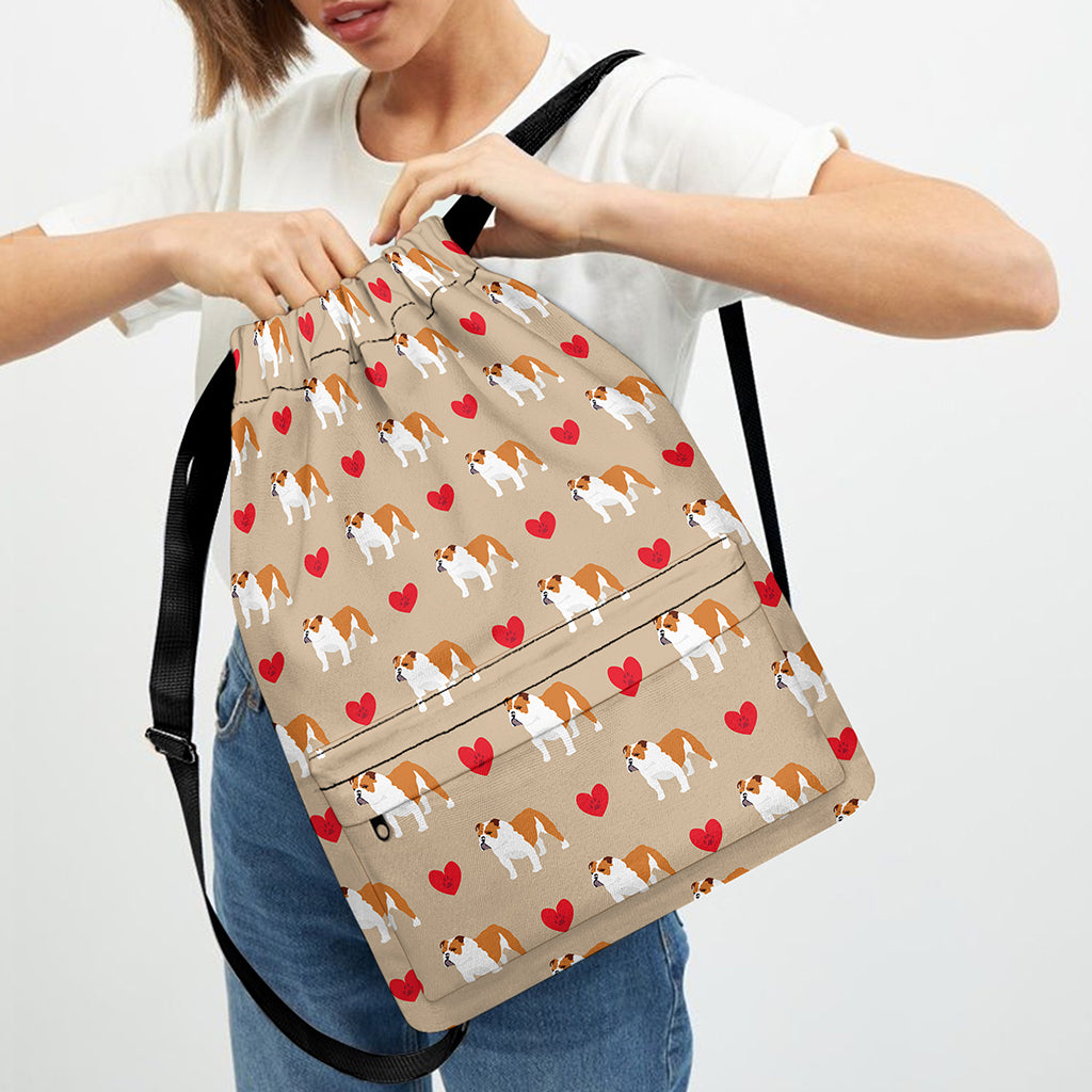 Love English Bulldog Pattern Print Drawstring Backpack