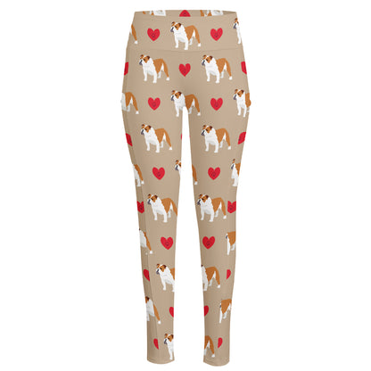 Love English Bulldog Pattern Print High-Waisted Pocket Leggings