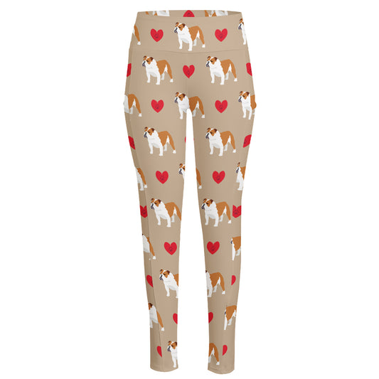 Love English Bulldog Pattern Print High-Waisted Pocket Leggings