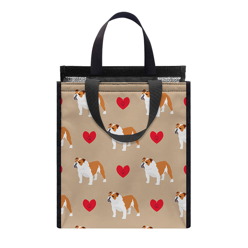 Love English Bulldog Pattern Print Insulated Lunch Tote