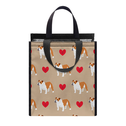 Love English Bulldog Pattern Print Insulated Lunch Tote
