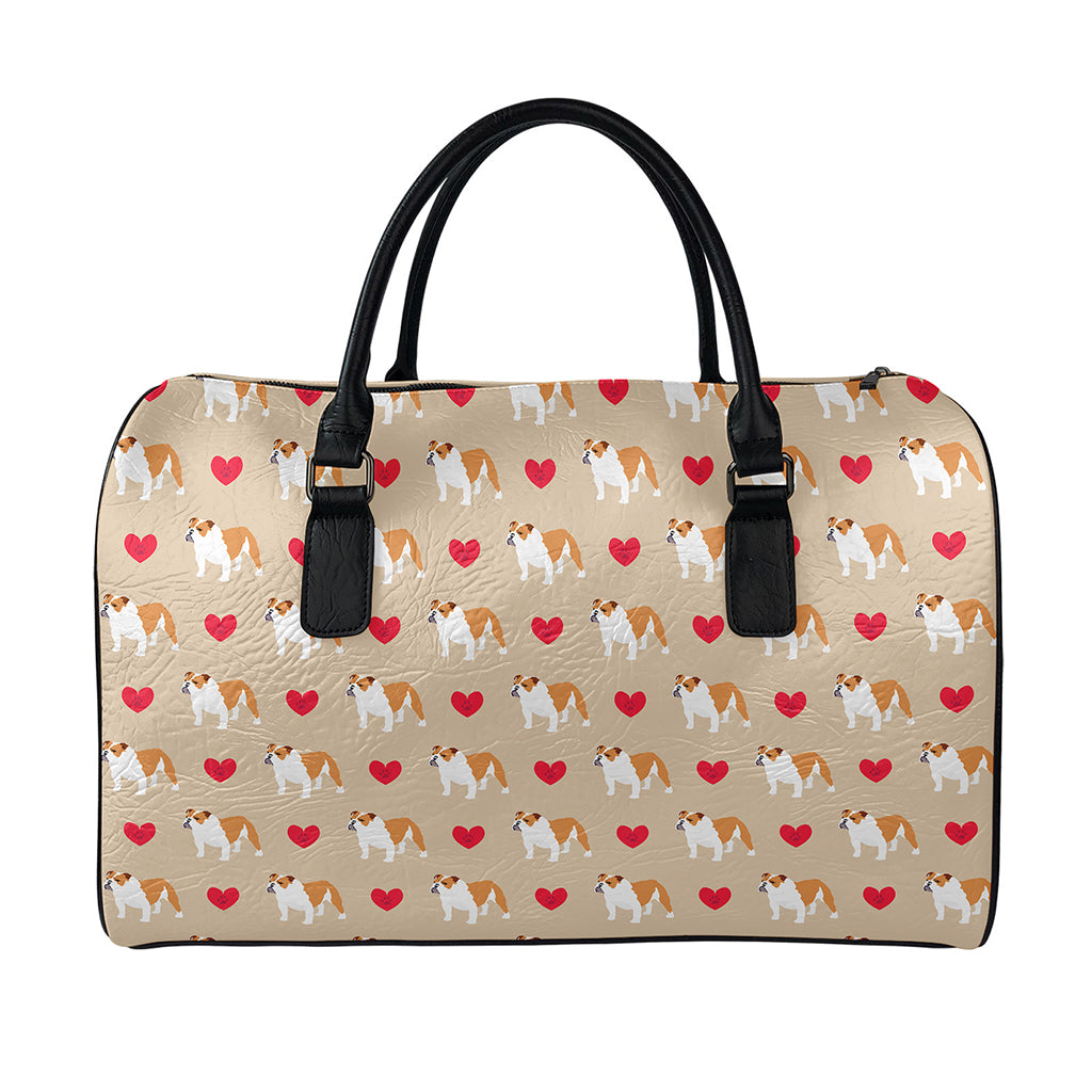 Love English Bulldog Pattern Print Leather Duffle Bag