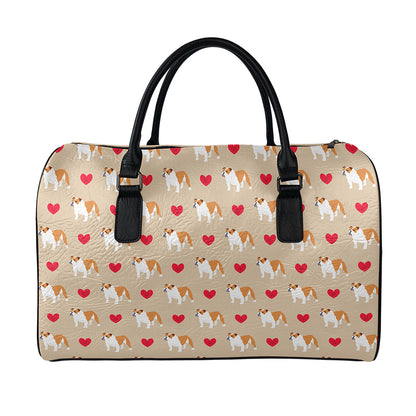 Love English Bulldog Pattern Print Leather Duffle Bag