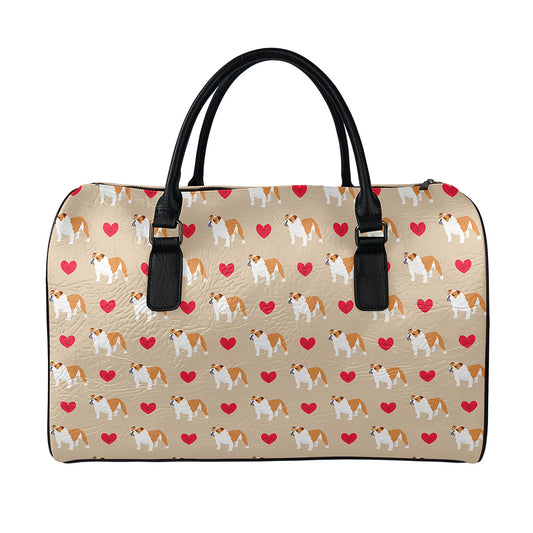 Love English Bulldog Pattern Print Leather Duffle Bag