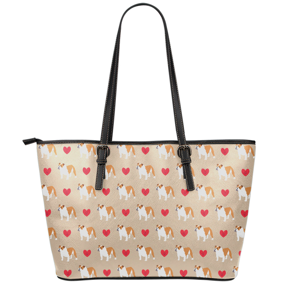 Love English Bulldog Pattern Print Leather Tote Bag