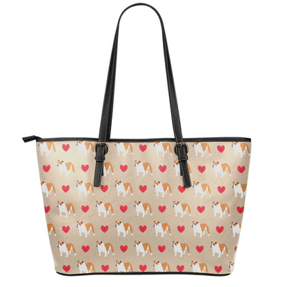 Love English Bulldog Pattern Print Leather Tote Bag