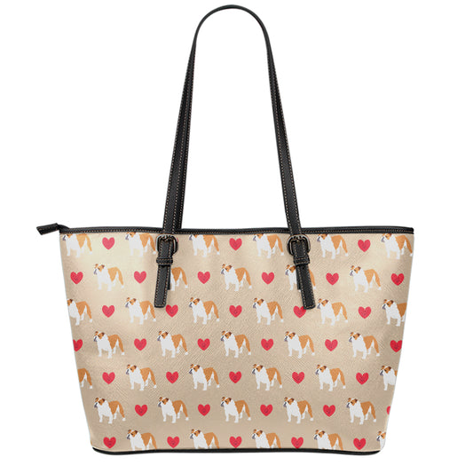 Love English Bulldog Pattern Print Leather Tote Bag