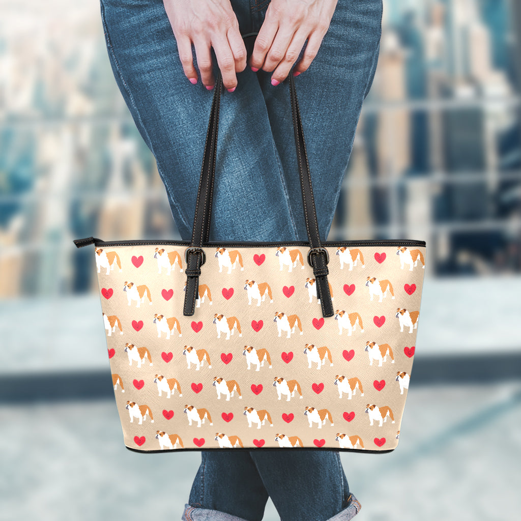 Love English Bulldog Pattern Print Leather Tote Bag