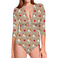 Love English Bulldog Pattern Print Long Sleeve Swimsuit
