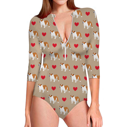 Love English Bulldog Pattern Print Long Sleeve Swimsuit