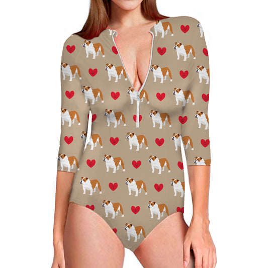 Love English Bulldog Pattern Print Long Sleeve Swimsuit