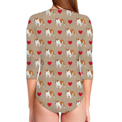 Love English Bulldog Pattern Print Long Sleeve Swimsuit