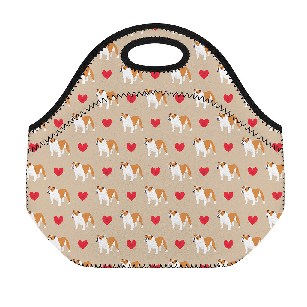 Love English Bulldog Pattern Print Neoprene Lunch Bag