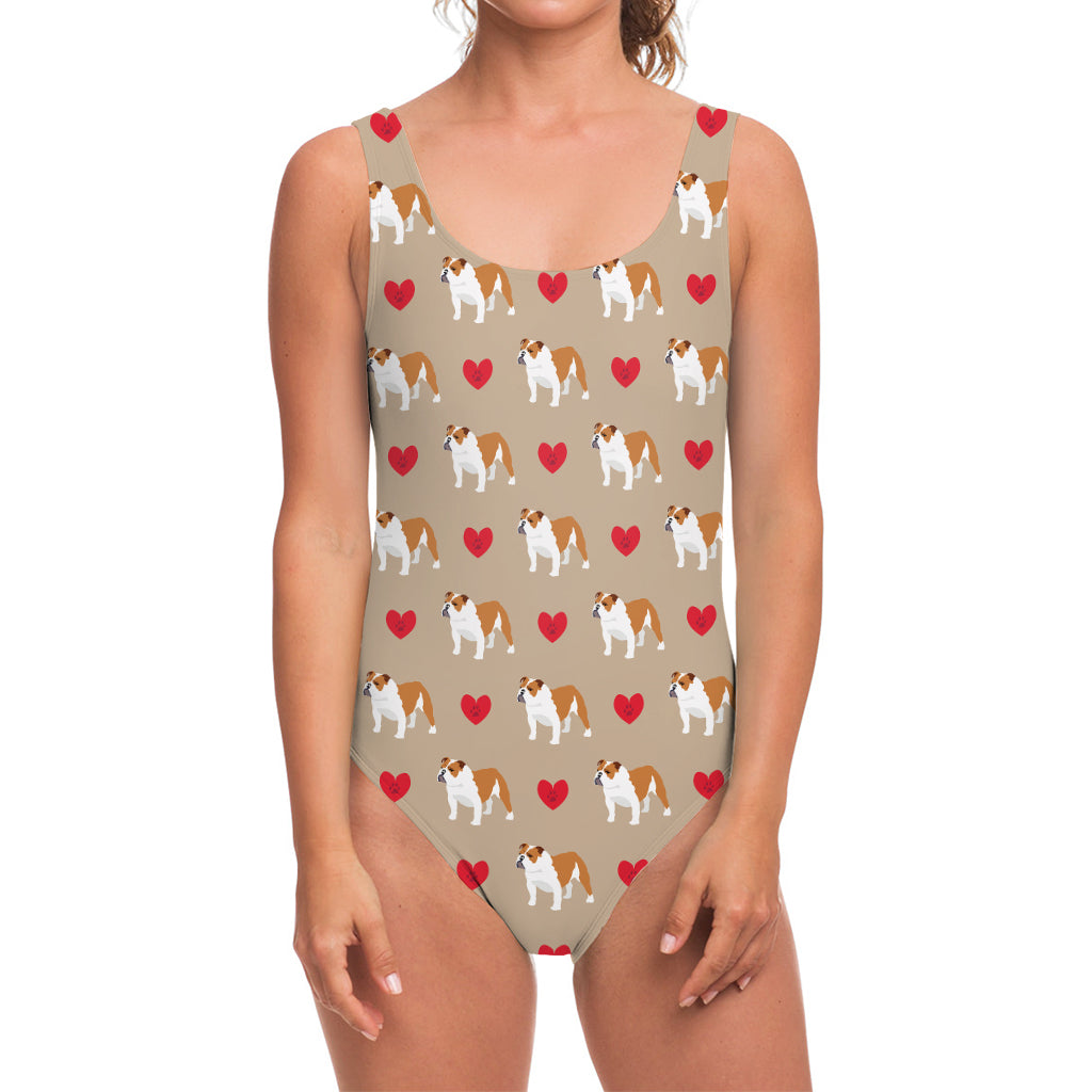 Love English Bulldog Pattern Print One Piece Swimsuit