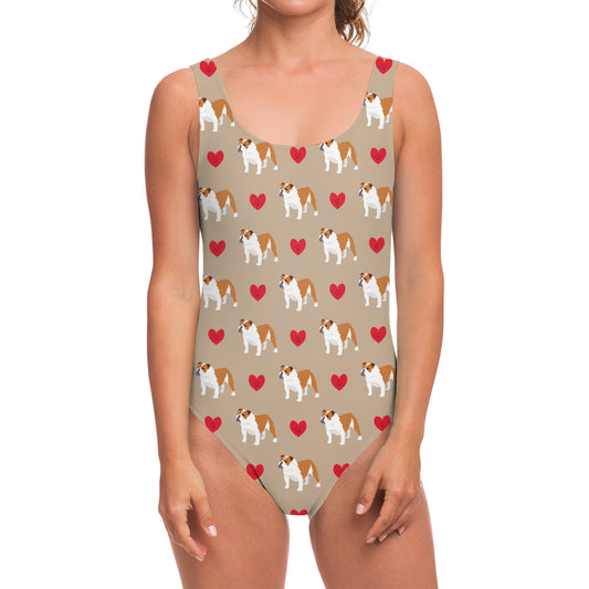 Love English Bulldog Pattern Print One Piece Swimsuit
