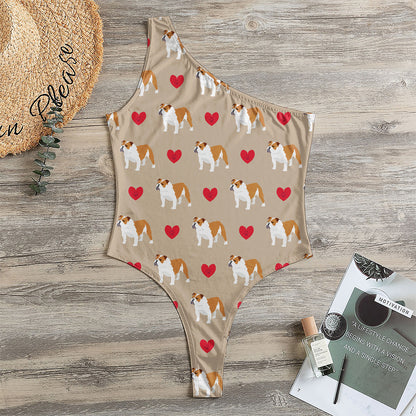 Love English Bulldog Pattern Print One Shoulder Bodysuit