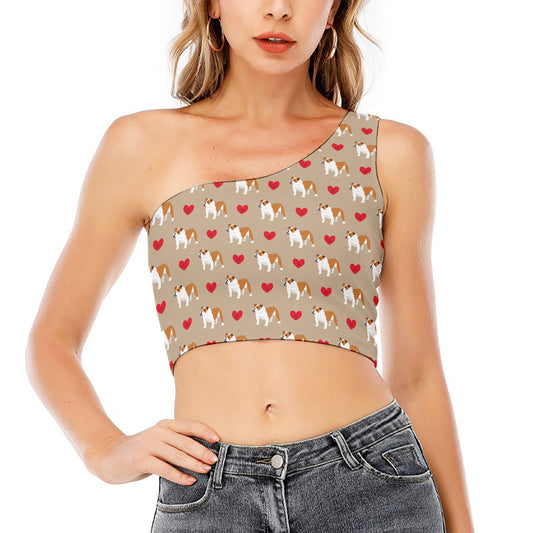 Love English Bulldog Pattern Print One Shoulder Crop Top