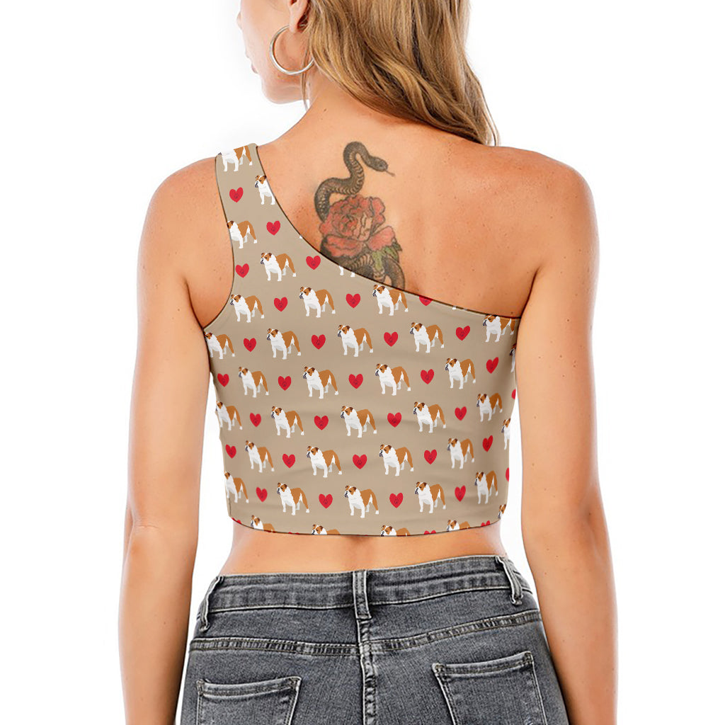 Love English Bulldog Pattern Print One Shoulder Crop Top