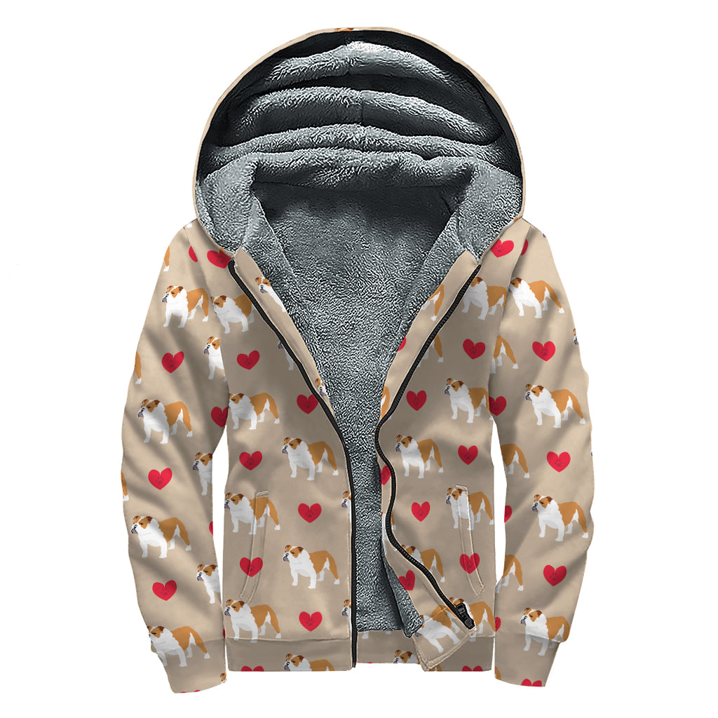 Love English Bulldog Pattern Print Sherpa Lined Zip Up Hoodie