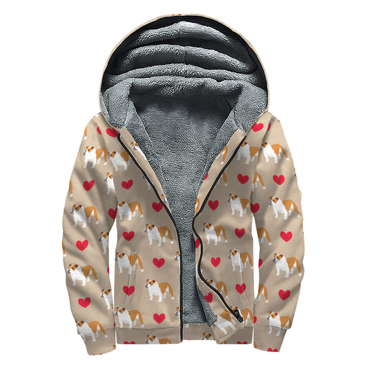 Love English Bulldog Pattern Print Sherpa Lined Zip Up Hoodie