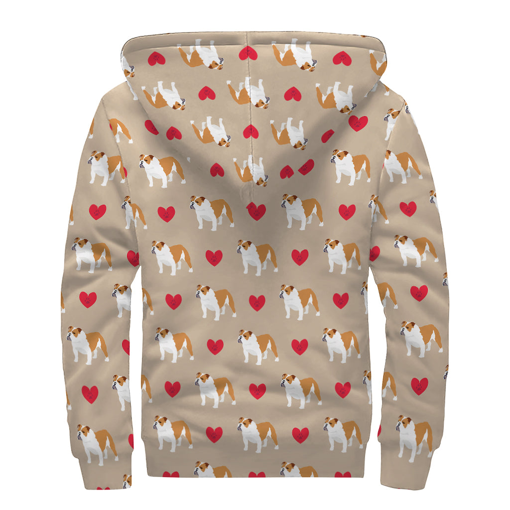 Love English Bulldog Pattern Print Sherpa Lined Zip Up Hoodie