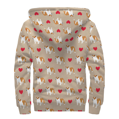 Love English Bulldog Pattern Print Sherpa Lined Zip Up Hoodie