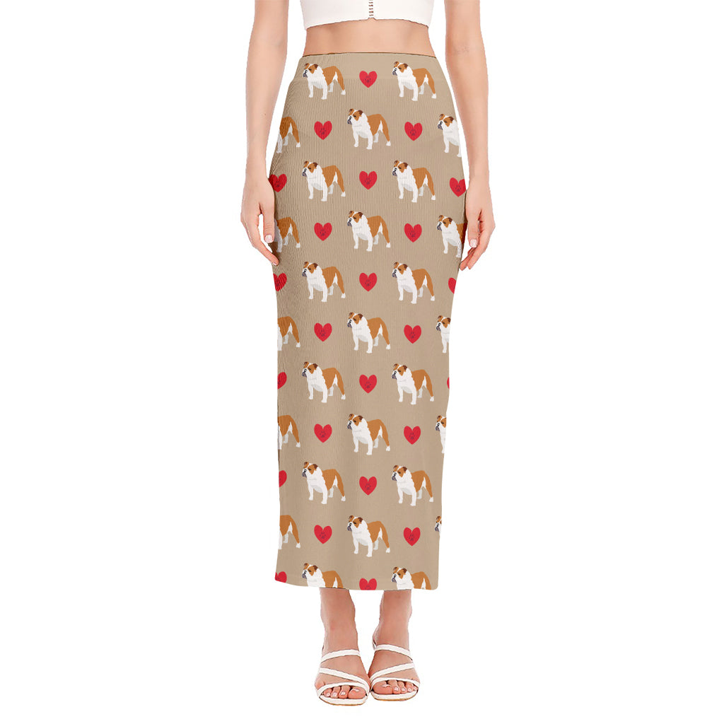 Love English Bulldog Pattern Print Side Slit Maxi Skirt