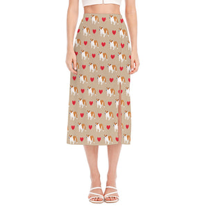 Love English Bulldog Pattern Print Side Slit Midi Skirt