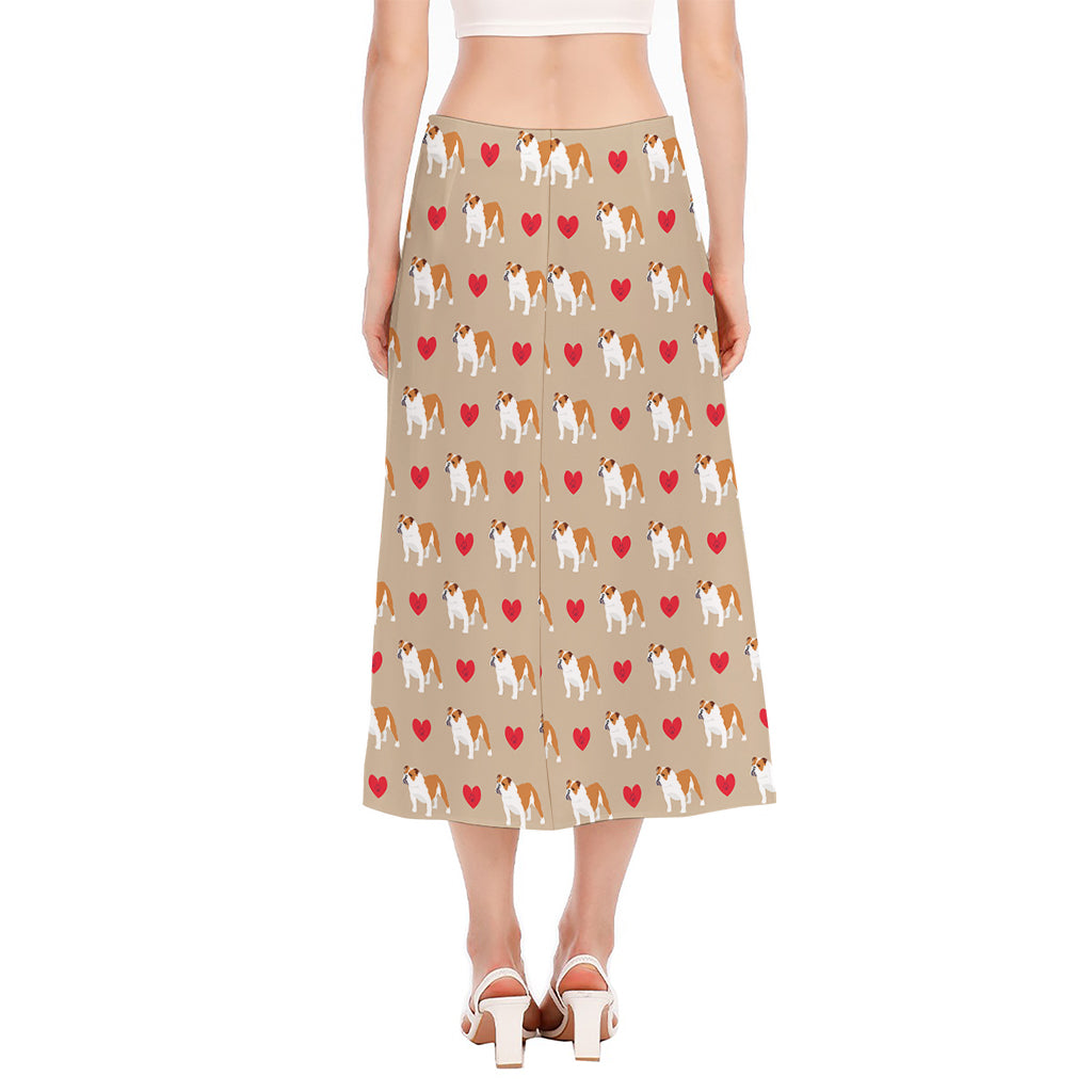 Love English Bulldog Pattern Print Side Slit Midi Skirt