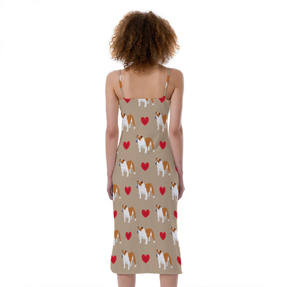 Love English Bulldog Pattern Print Slim Fit Midi Cami Dress