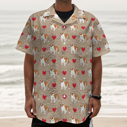 Love English Bulldog Pattern Print Textured Short Sleeve Shirt