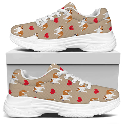 Love English Bulldog Pattern Print White Chunky Shoes