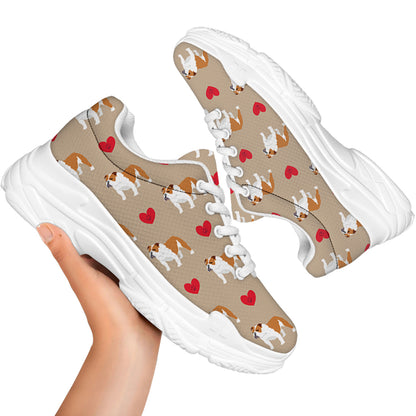Love English Bulldog Pattern Print White Chunky Shoes