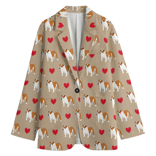 Love English Bulldog Pattern Print Women's Cotton Blazer