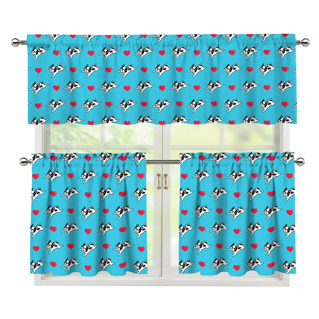 Love French Bulldog Pattern Print 3 Piece Kitchen Curtains