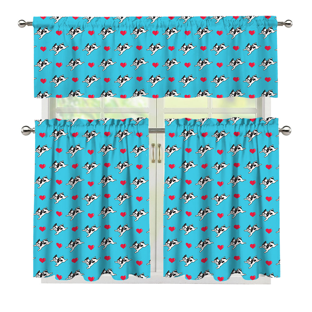 Love French Bulldog Pattern Print 3 Piece Kitchen Curtains