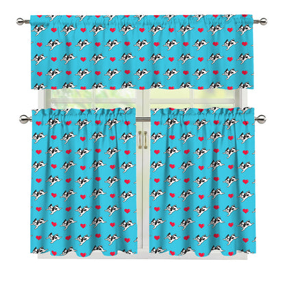 Love French Bulldog Pattern Print 3 Piece Kitchen Curtains