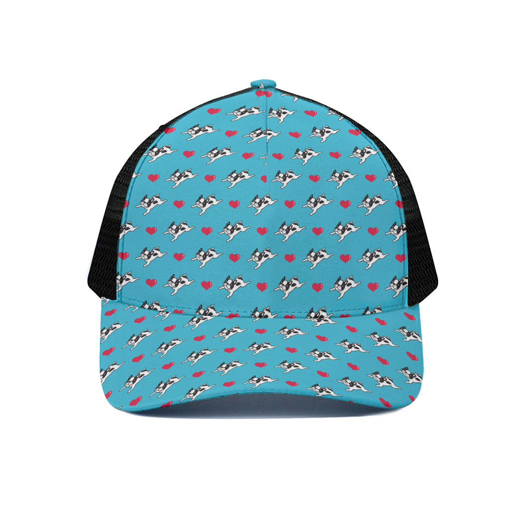 Love French Bulldog Pattern Print Black Mesh Trucker Cap