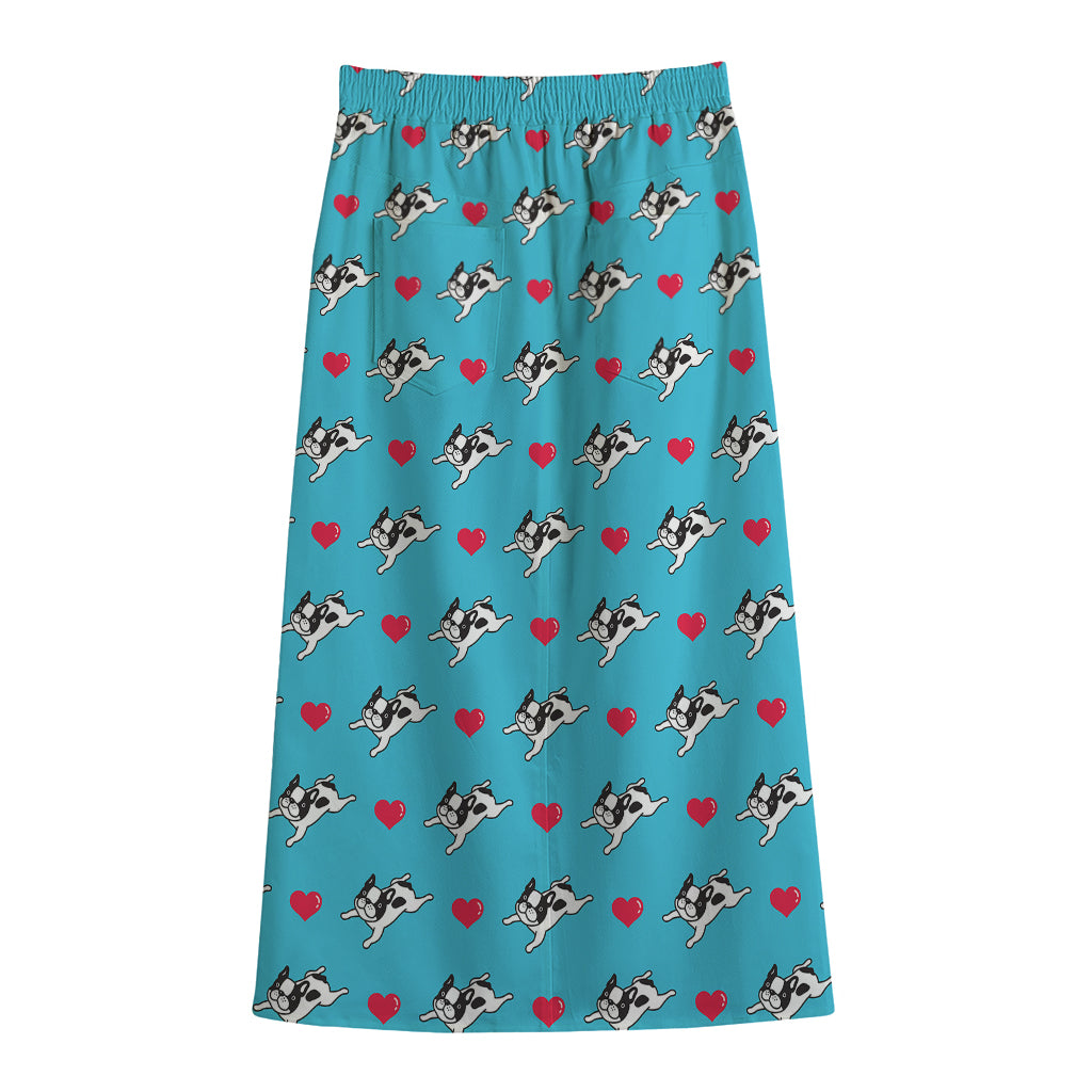 Love French Bulldog Pattern Print Cotton Front Slit Maxi Skirt