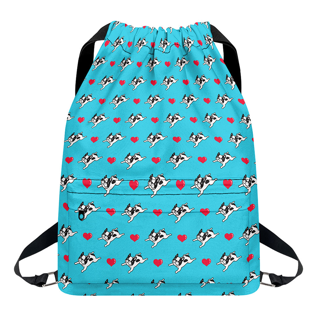 Love French Bulldog Pattern Print Drawstring Backpack