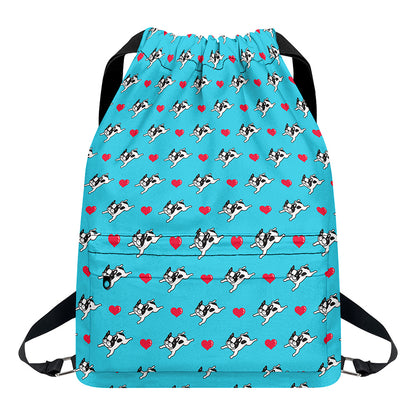 Love French Bulldog Pattern Print Drawstring Backpack