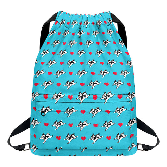 Love French Bulldog Pattern Print Drawstring Backpack