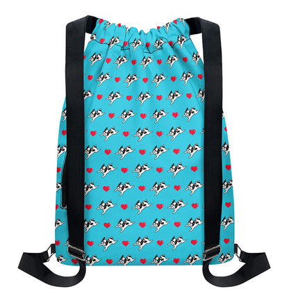 Love French Bulldog Pattern Print Drawstring Backpack