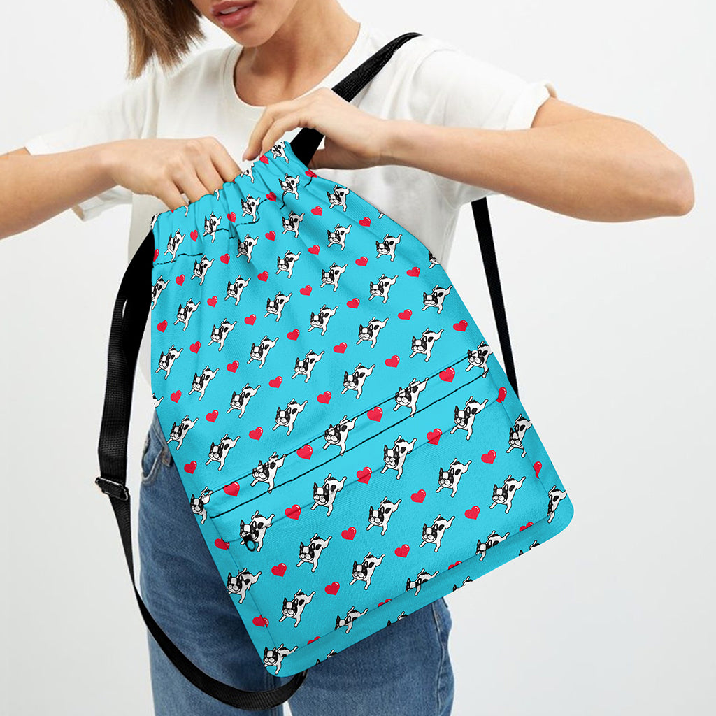 Love French Bulldog Pattern Print Drawstring Backpack