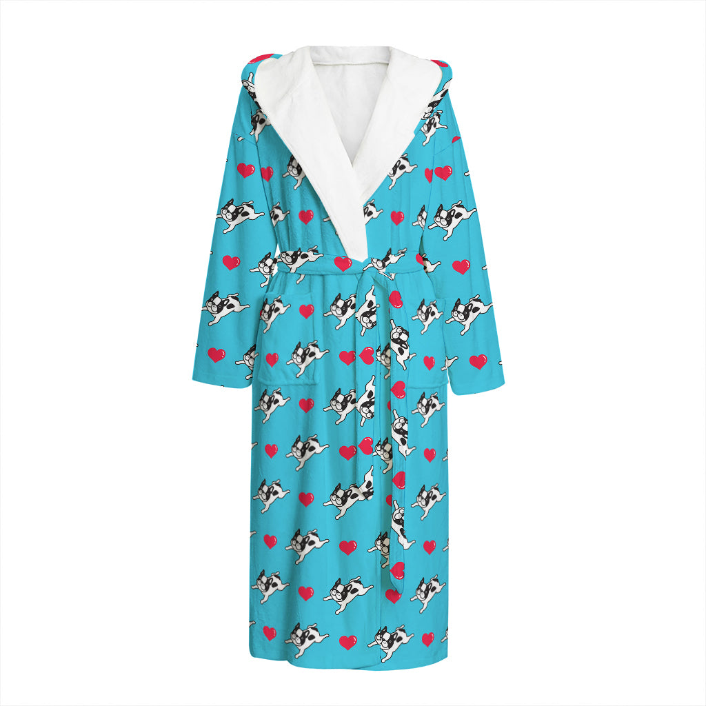 Love French Bulldog Pattern Print Hooded Bathrobe